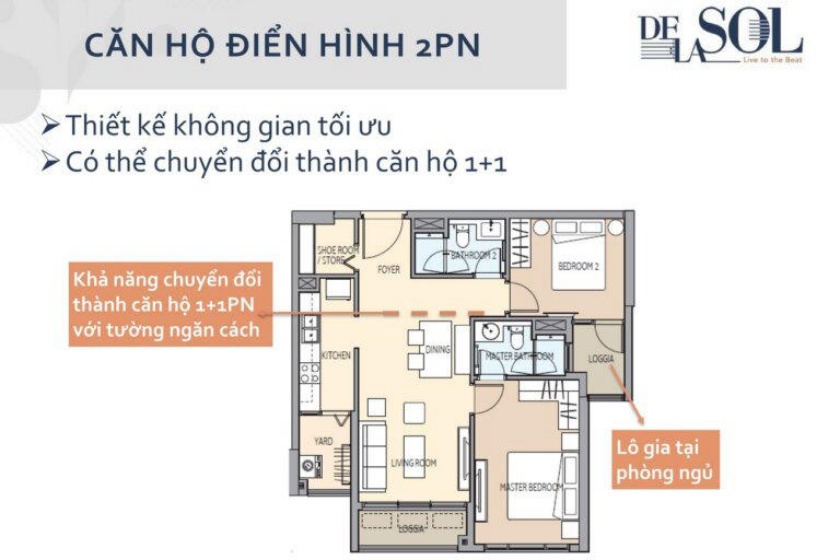 Thiết kế căn hộ 2 phòng ngủ tối ưu không gian, có thể chuyển thành căn 1+1PN