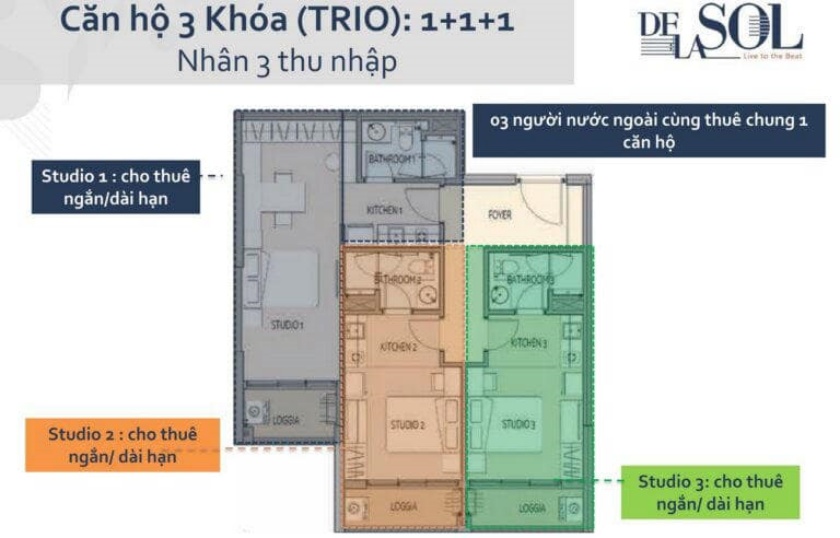 Mặt bằng căn hộ Trio 3 khóa gồm 3 studio cho thuê tại dự án Delasol