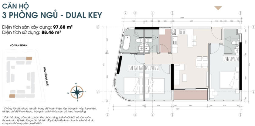 Thiết kế chi tiết căn hộ 3 phòng ngủ - Dual Key diện tích 97,88m2 tại King Crown Infinity