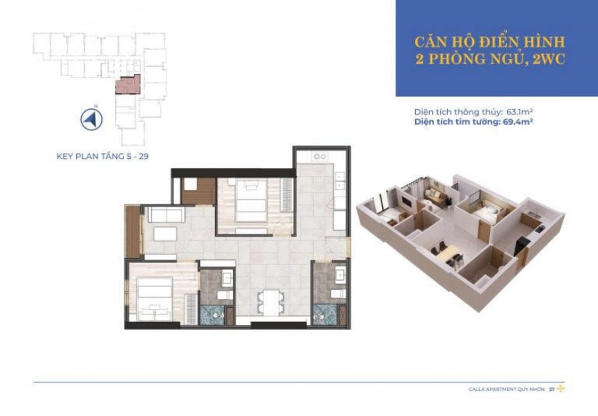 Mặt bằng điển hình căn hộ 2 phòng ngủ - 2WC diện tích 63.1m2 tại khu chung cư Calla Apartment