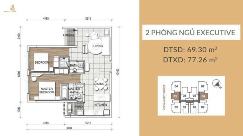 Thiết kế căn hộ 2 phòng ngủ Executive tại dự án căn hộ Zenity Quận 1