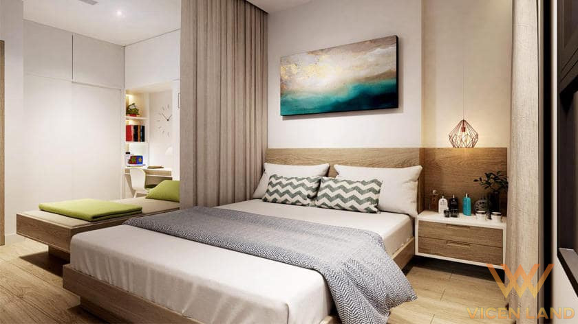 Phòng ngủ có tone màu nhẹ nhàng mang đến sự thư giãn, dễ chịu cho chủ sở hữu