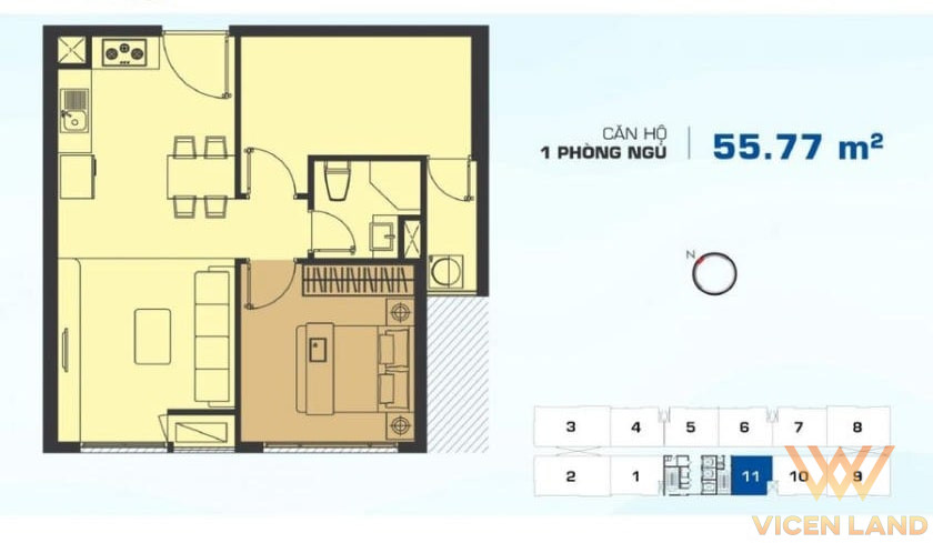 Thiết kế căn hộ 1 phòng ngủ diện tích 55,77m2 tại dự án RiverGate Quận 4