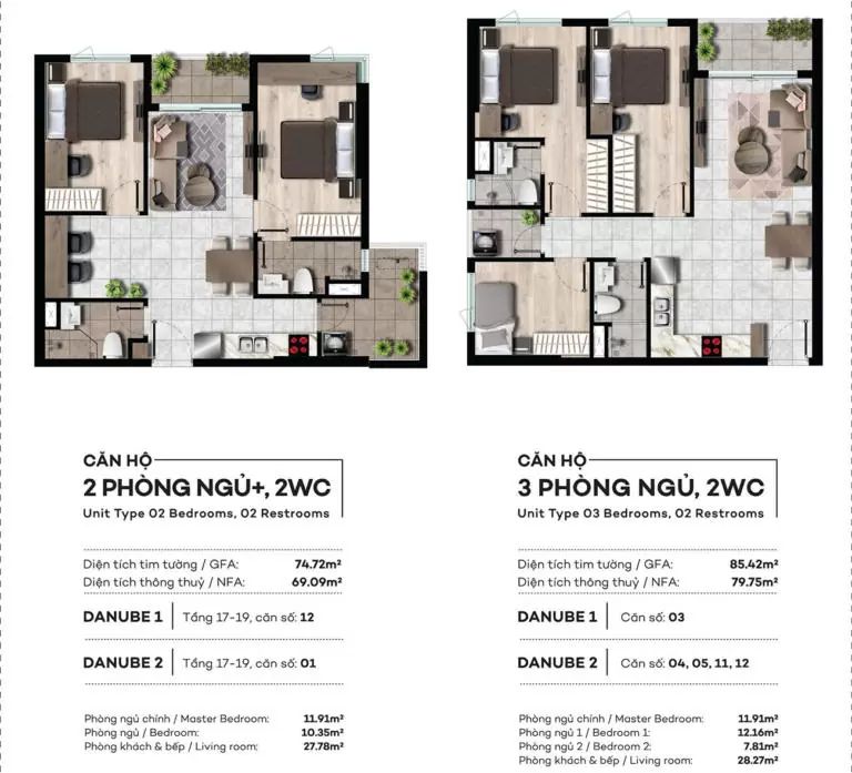 Mặt bằng chi tiết căn hộ 2 phòng ngủ + 2 WC và 3 phòng ngủ + 2 WC tại dự án West Gate