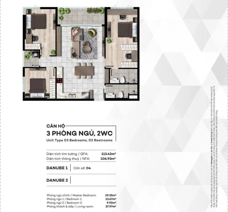 Mặt bằng chi tiết căn hộ 3 phòng ngủ + 2 WC tại dự án West Gate