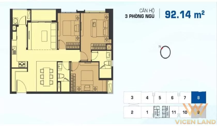 Thiết kế căn hộ 3 phòng ngủ diện tích 92,14m2 tại dự án RiverGate Quận 4